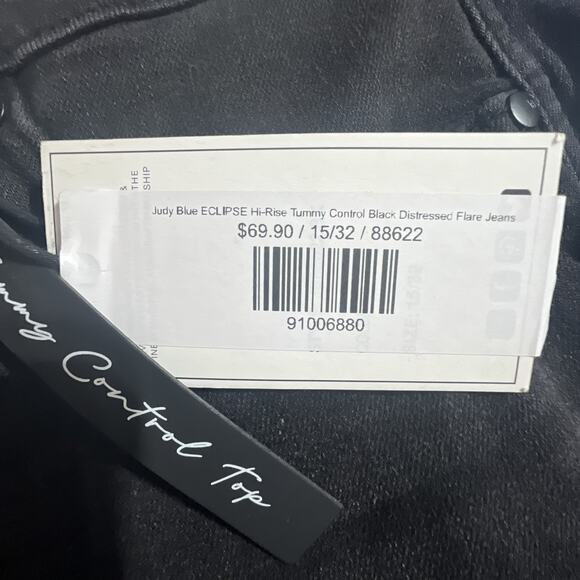 Judy Blue Black Denim Jeans distressed 15 32 eclipse tummy control flare NWT - Picture 9 of 16
